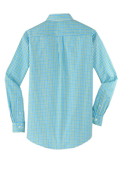 Rear View of Green/Aqua Port Authority Long Sleeve Gingham Easy Care Shirt. S654