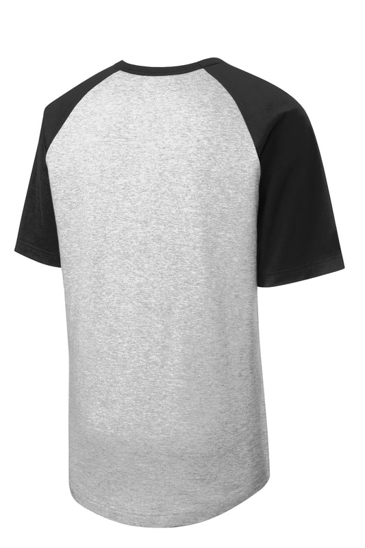Rear View of Grey He/Black Sport-Tek Youth Short Sleeve Colorblock Raglan Jersey. YT201
