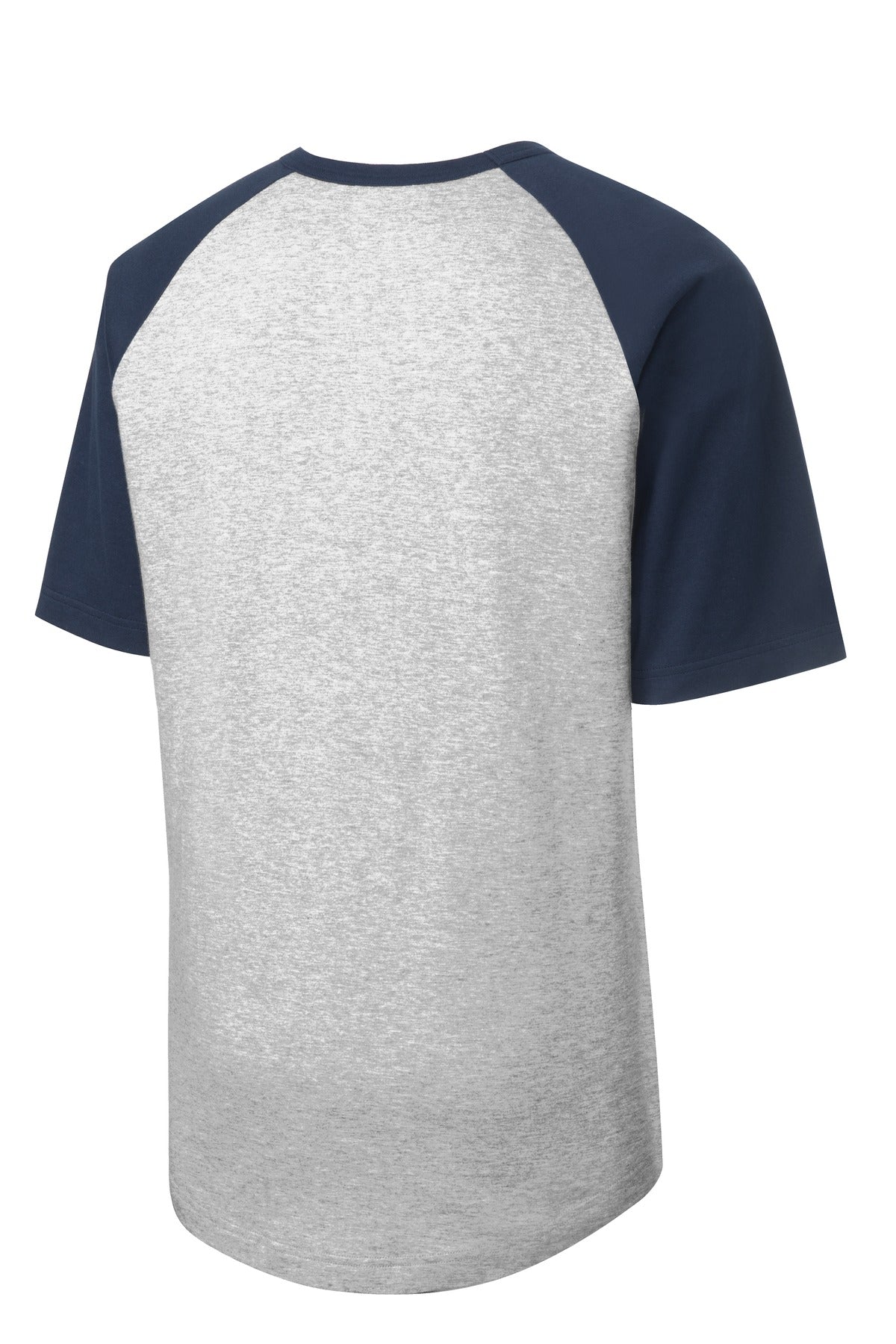 Rear View of Grey He/Navy Sport-Tek Youth Short Sleeve Colorblock Raglan Jersey. YT201