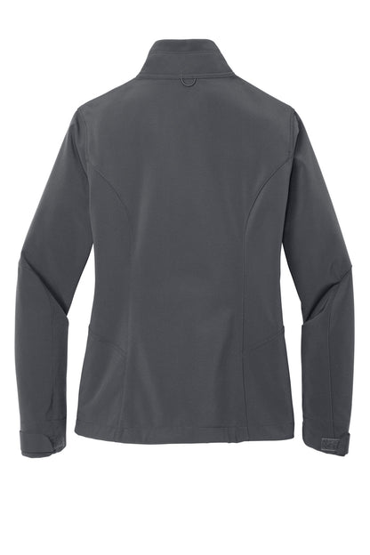 Rear View of Grey Steel Eddie Bauer Women's Soft Shell Jacket. EB531