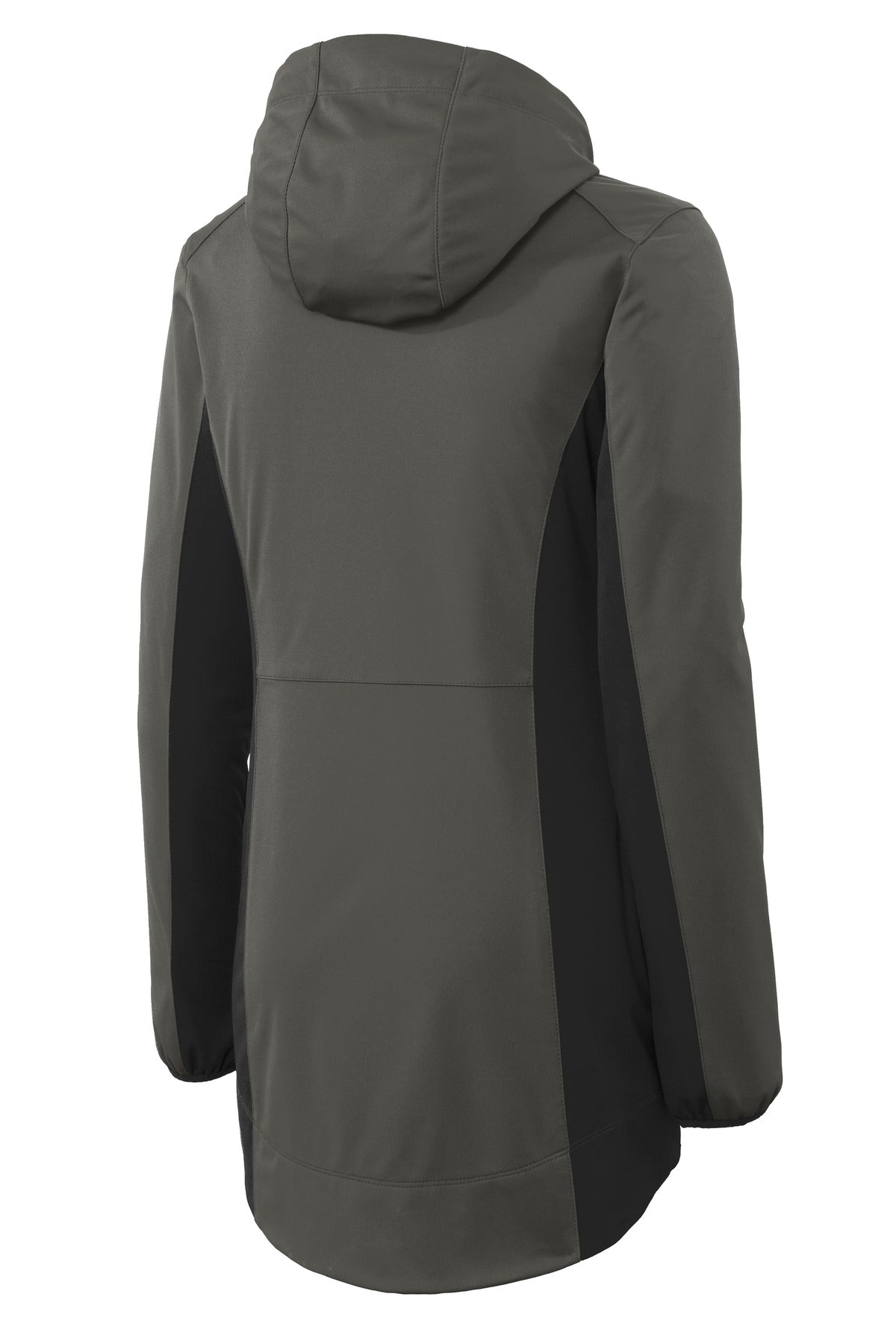 Rear View of Grey Stl/Dp Bk Port Authority Women's Active Hooded Soft Shell Jacket. L719