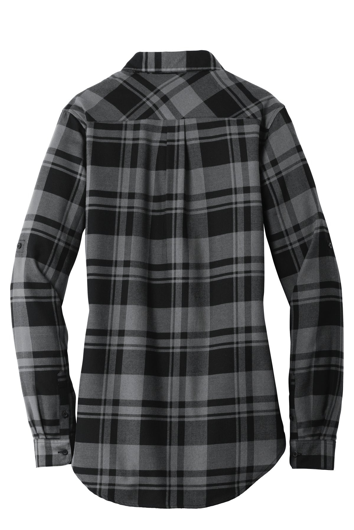 Rear View of Grey/Black Port Authority Women's Plaid Flannel Tunic . LW668