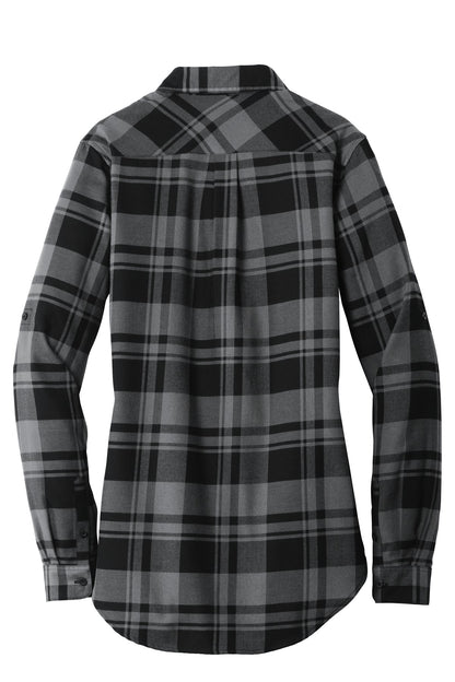 Rear View of Grey/Black Port Authority Women's Plaid Flannel Tunic . LW668