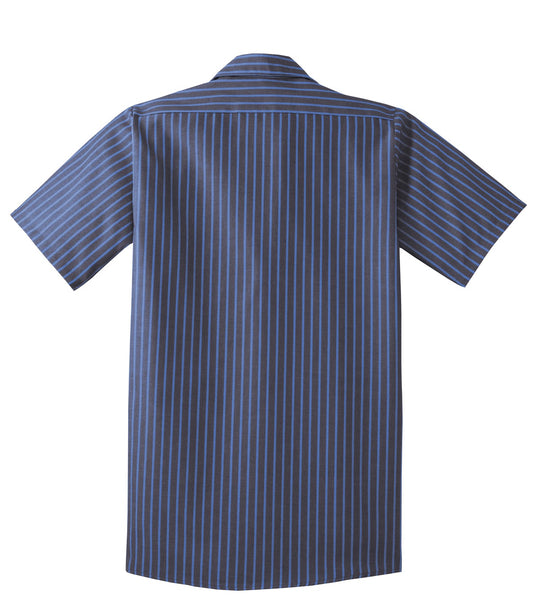 Rear View of Grey/Blue Red Kap Short Sleeve Striped Industrial Work Shirt. CS20