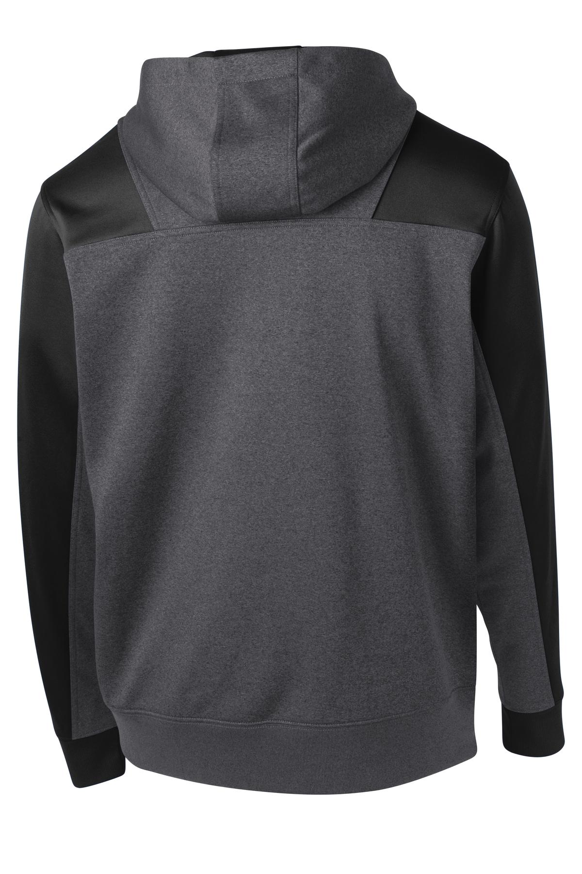 Rear View of Grph Hea/Black Sport-Tek Tech Fleece Colorblock 1/4-Zip Hooded Sweatshirt. ST249