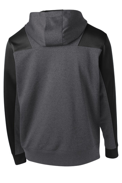 Rear View of Grph Hea/Black Sport-Tek Tech Fleece Colorblock 1/4-Zip Hooded Sweatshirt. ST249