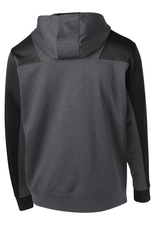 Rear View of Grph Hea/Black Sport-Tek Tech Fleece Colorblock 1/4-Zip Hooded Sweatshirt. ST249
