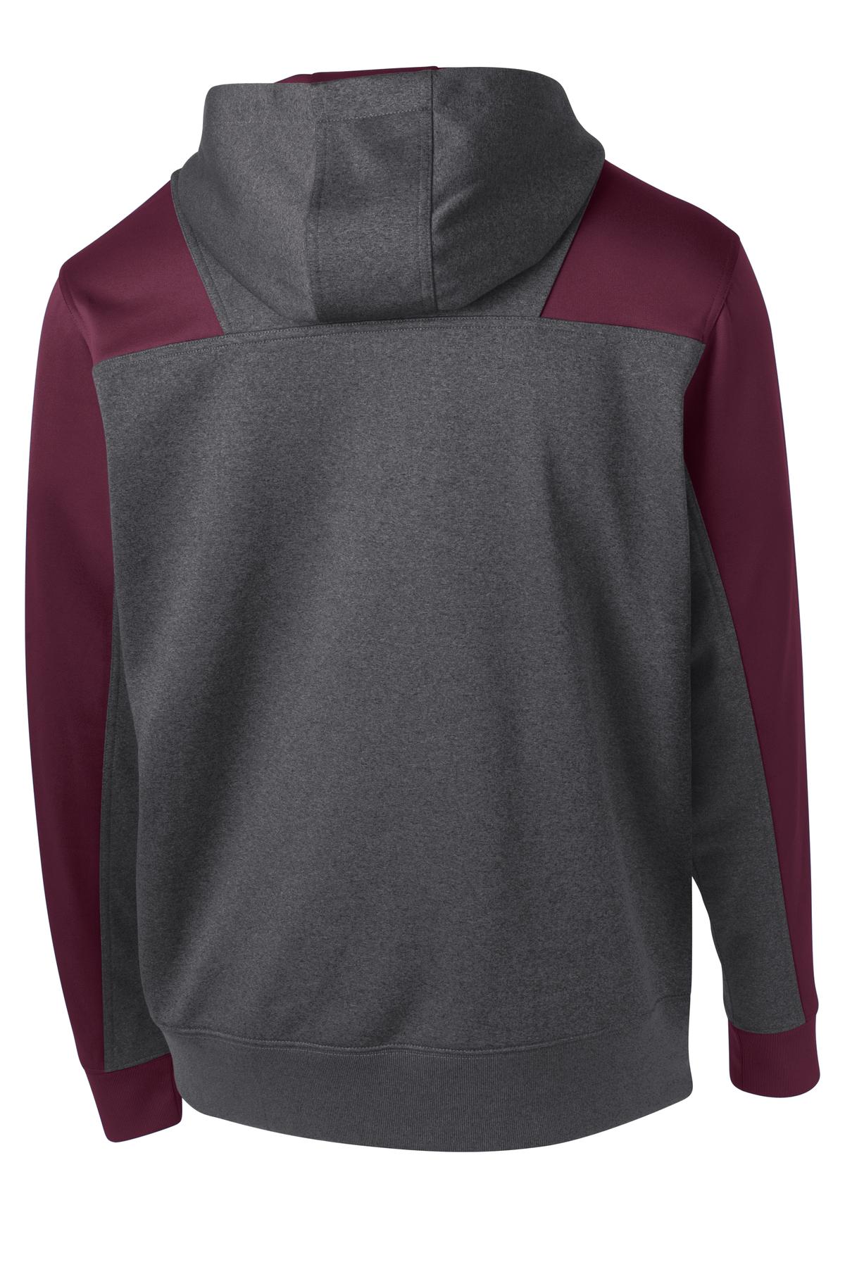 Rear View of Grph Hea/Mroon Sport-Tek Tech Fleece Colorblock 1/4-Zip Hooded Sweatshirt. ST249