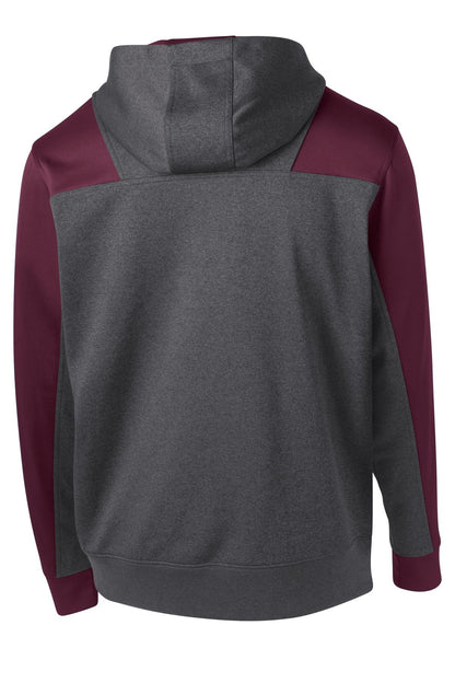 Rear View of Grph Hea/Mroon Sport-Tek Tech Fleece Colorblock 1/4-Zip Hooded Sweatshirt. ST249