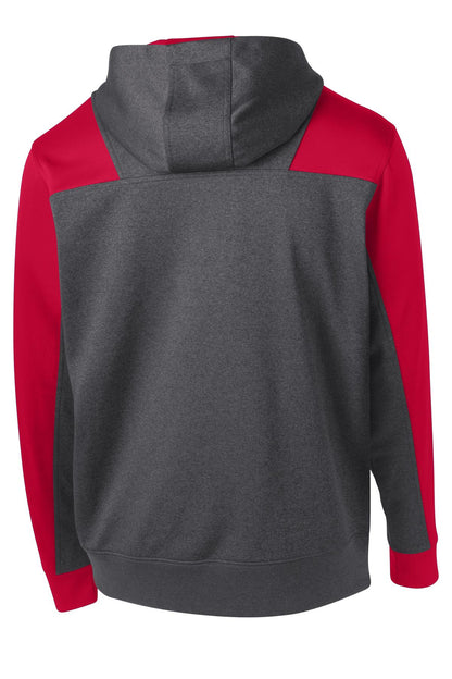 Rear View of Grph Hea/TrRed Sport-Tek Tech Fleece Colorblock 1/4-Zip Hooded Sweatshirt. ST249