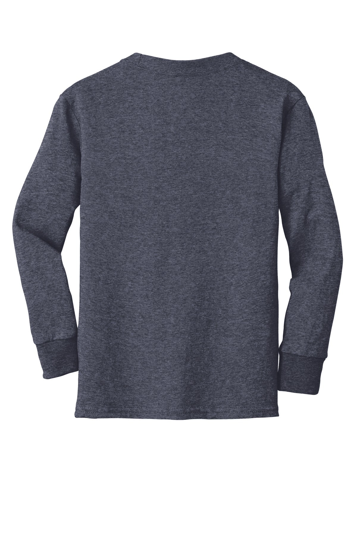 Rear View of Heather Navy Port & Company Youth Long Sleeve Core Cotton Tee. PC54YLS