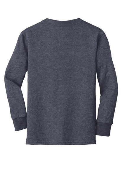 Rear View of Heather Navy Port & Company Youth Long Sleeve Core Cotton Tee. PC54YLS