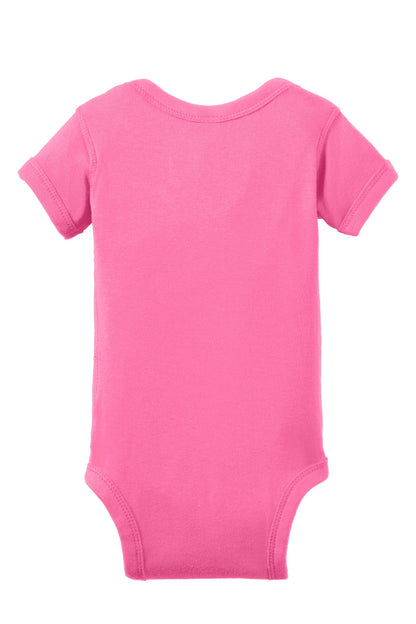 Rear View of Hot Pink Rabbit Skins Infant Short Sleeve Baby Rib Bodysuit. RS4400