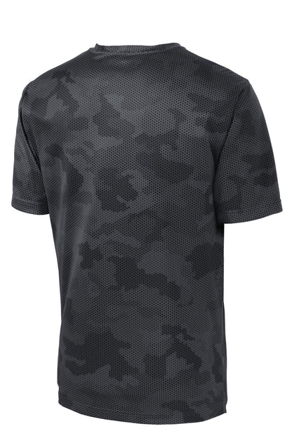 Rear View of Iron Grey Sport-Tek CamoHex Tee. ST370