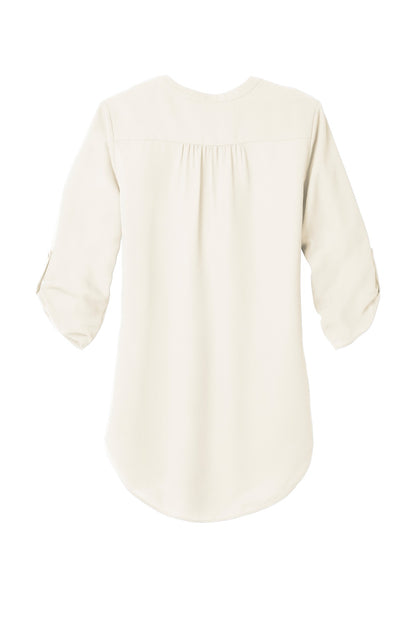 Rear View of Ivory Chiffon Port Authority Women's 3/4-Sleeve Tunic Blouse. LW701