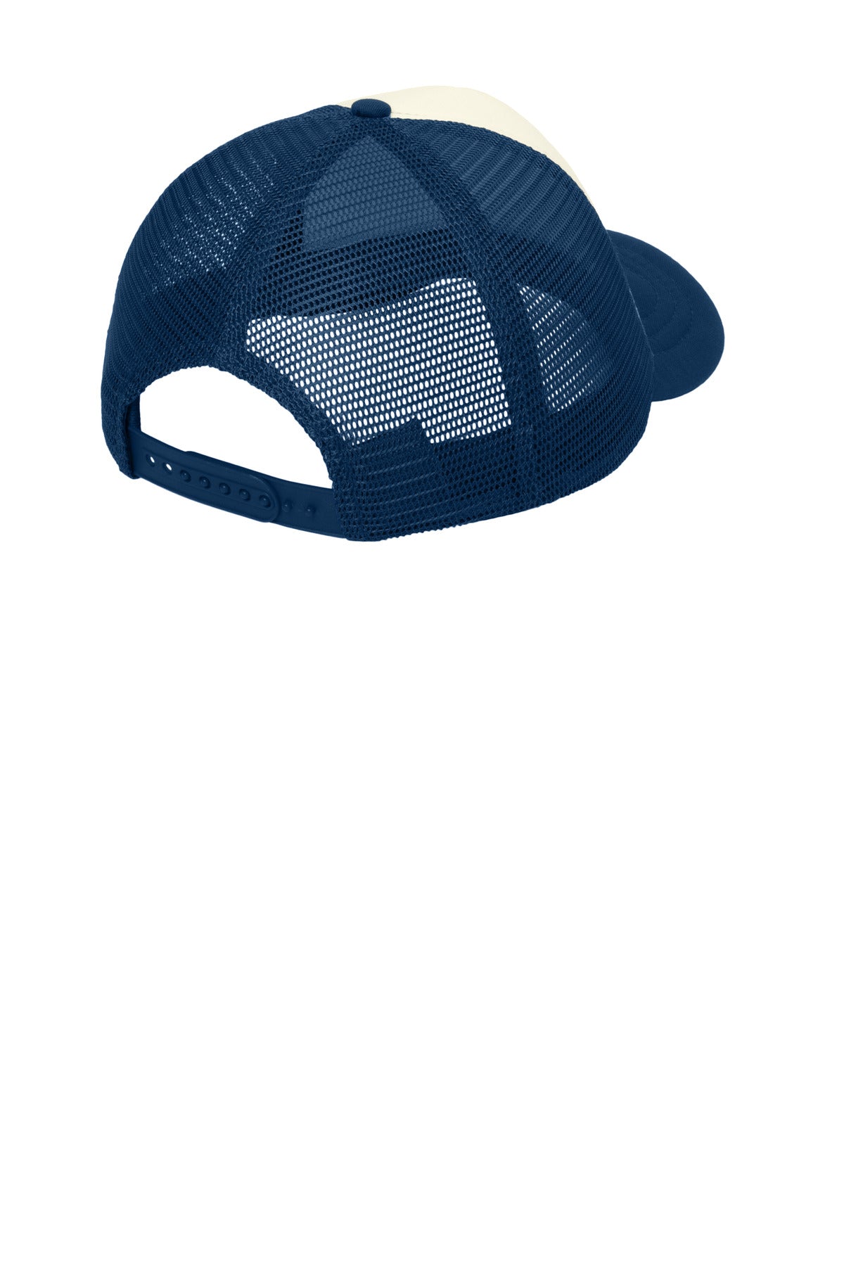 Rear View of Ivory/Navy Port Authority 5-Panel Twill Foam Trucker Cap. C936