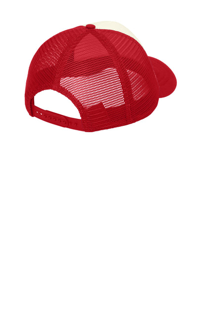 Rear View of Ivory/Red Port Authority 5-Panel Twill Foam Trucker Cap. C936
