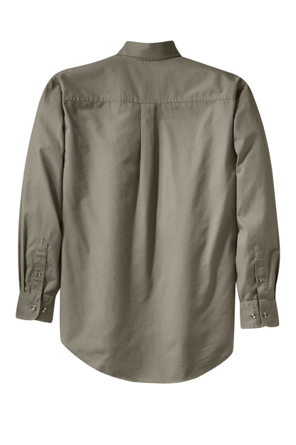Rear View of Khaki Port Authority Tall Long Sleeve Twill Shirt. TLS600T