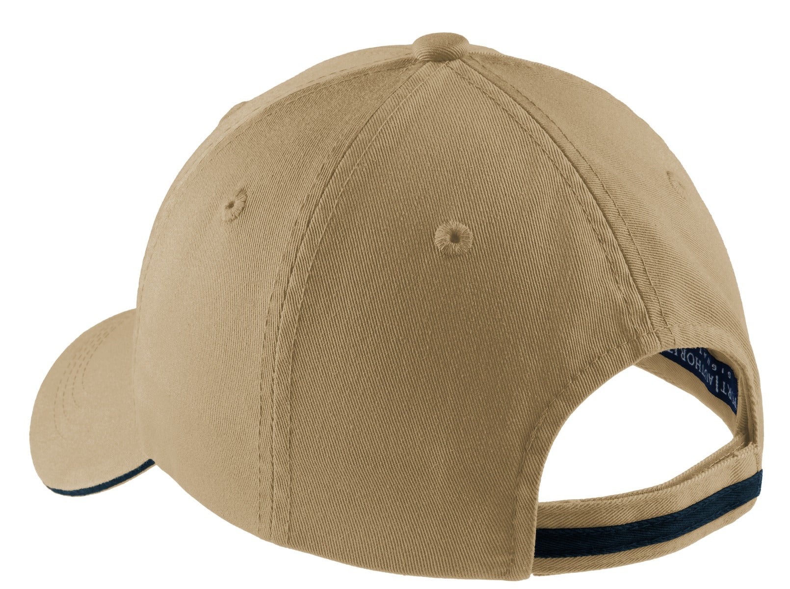 Rear View of Khaki/Ch Blue Port Authority Sandwich Bill Cap with Striped Closure. C830
