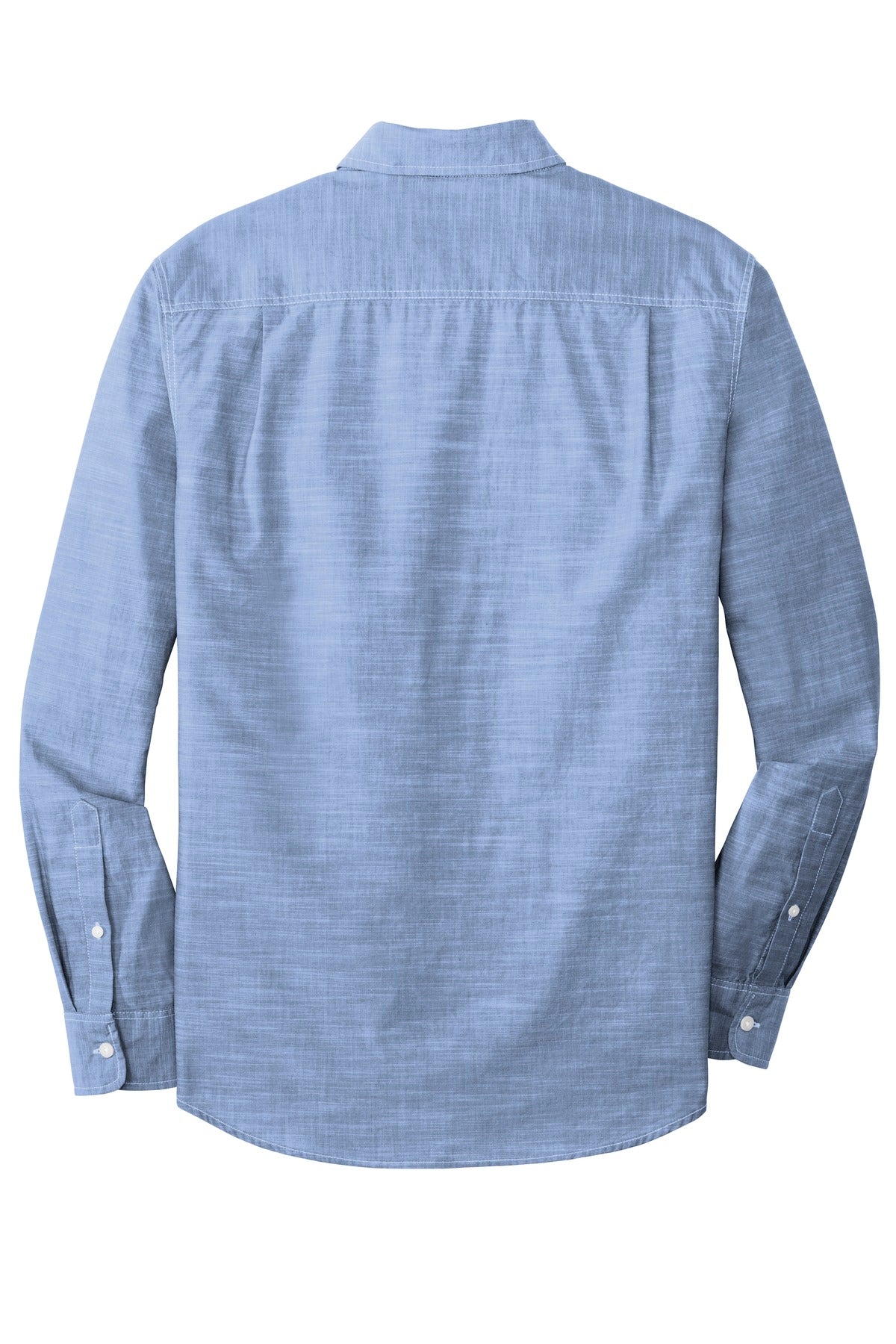 Rear View of Light Blue Port Authority Slub Chambray Shirt. W380