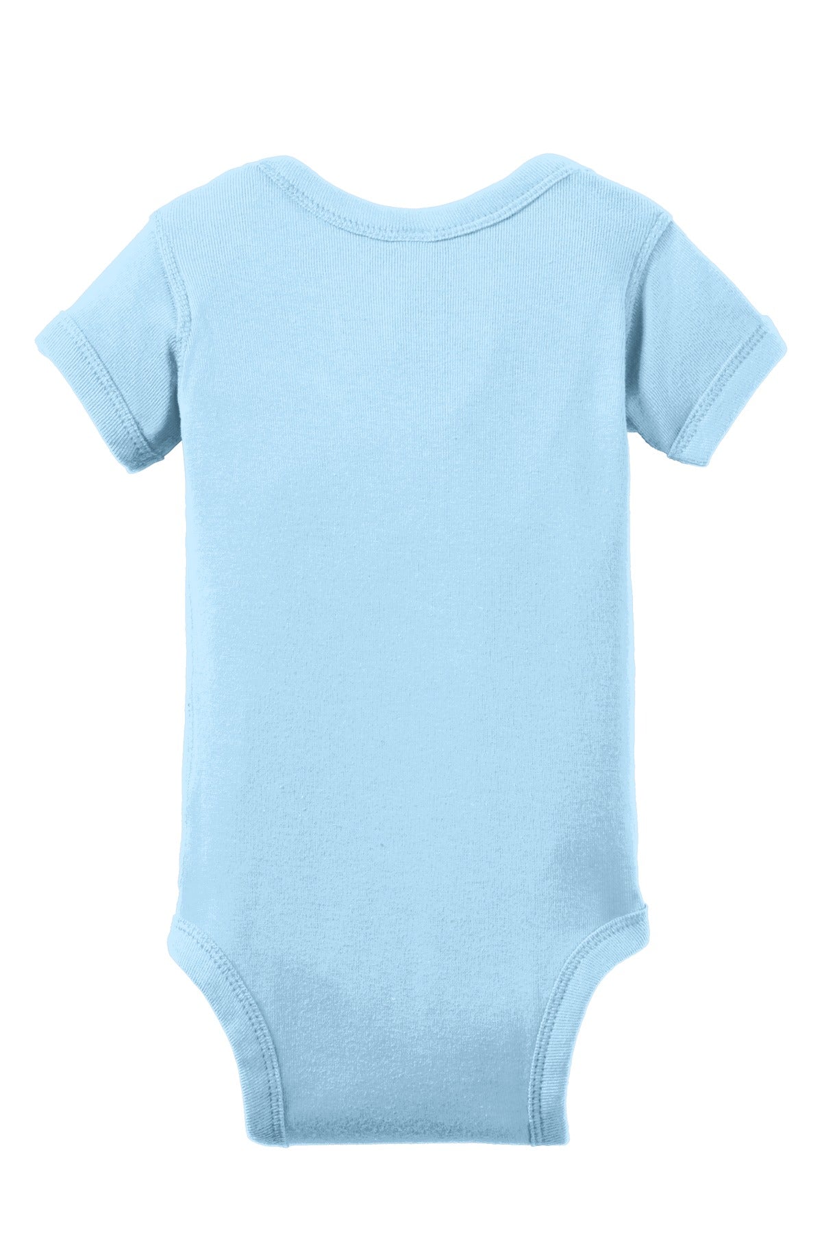 Rear View of Light Blue Rabbit Skins Infant Short Sleeve Baby Rib Bodysuit. RS4400