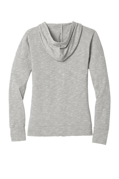 Rear View of Light Grey District Women's Medal Full-Zip Hoodie. DT665