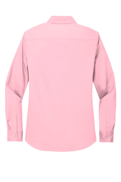 Rear View of Light Pink Port Authority Women's Long Sleeve Easy Care Shirt. L608
