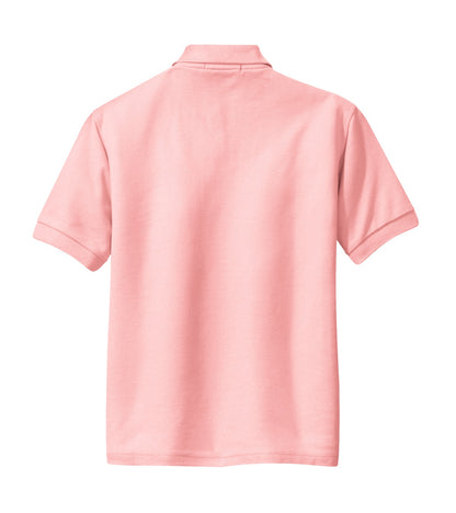 Rear View of Light Pink Port Authority Youth Silk Touch Polo. Y500