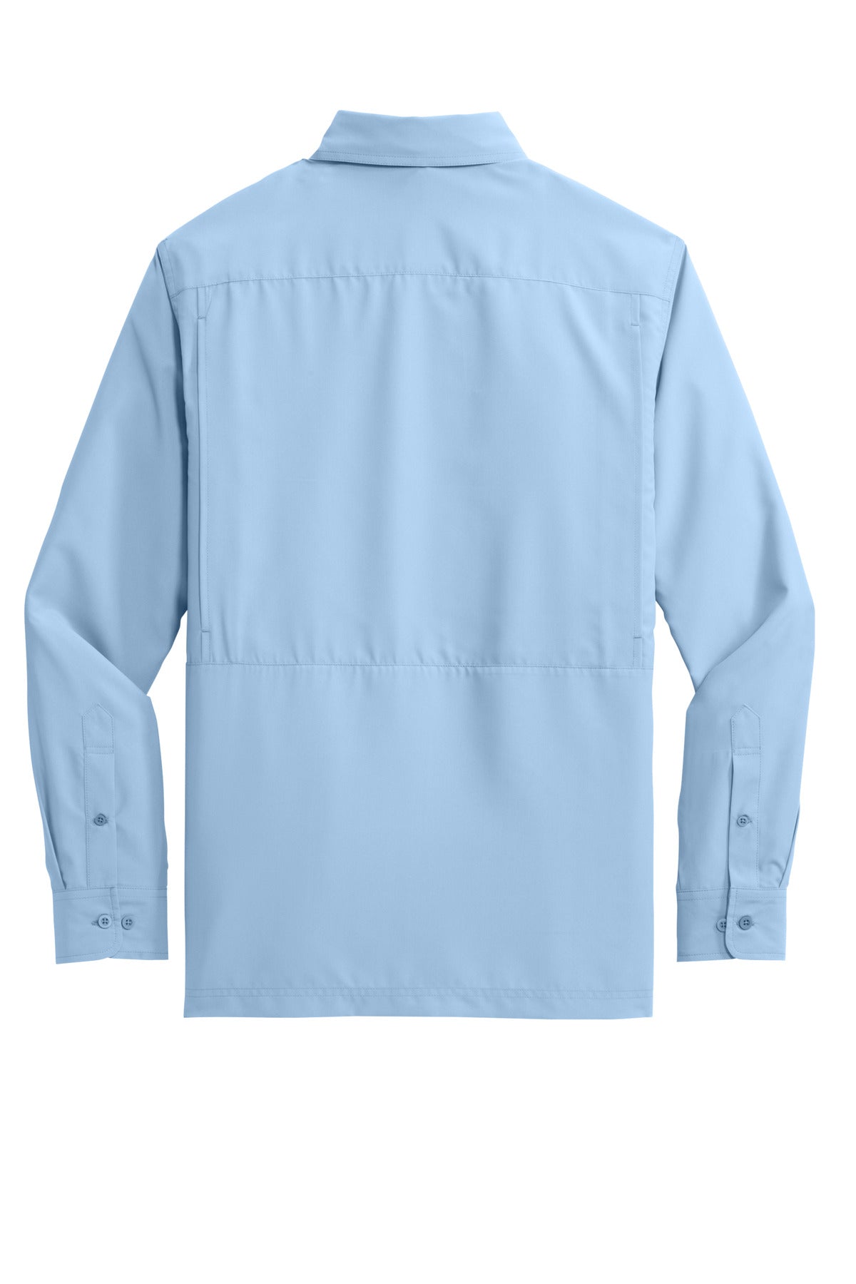 Rear View of LightBlue Port Authority Long Sleeve UV Daybreak Shirt W960