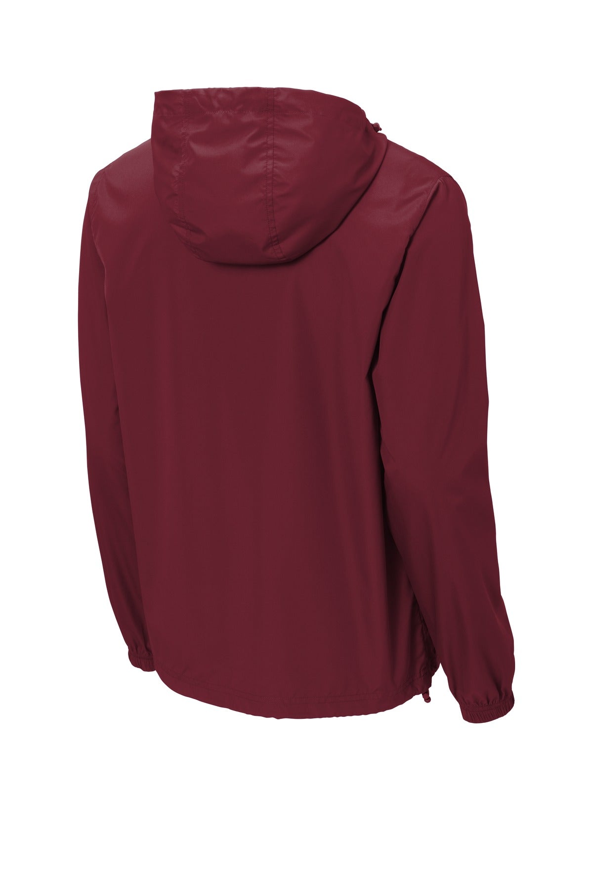 Rear View of Maroon Sport-Tek Packable Anorak. JST66