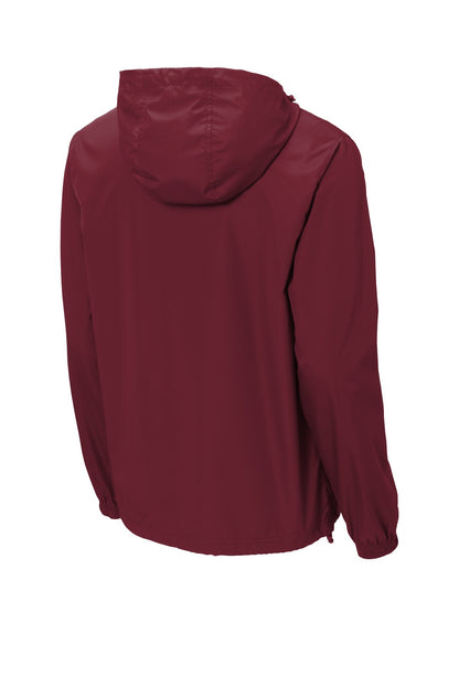 Rear View of Maroon Sport-Tek Packable Anorak. JST66
