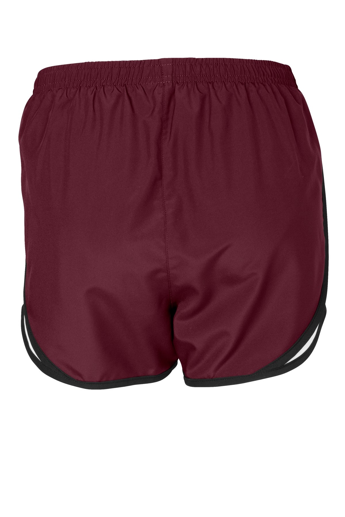 Rear View of Maroon/Wht/Blk Sport-Tek Women's Cadence Short. LST304