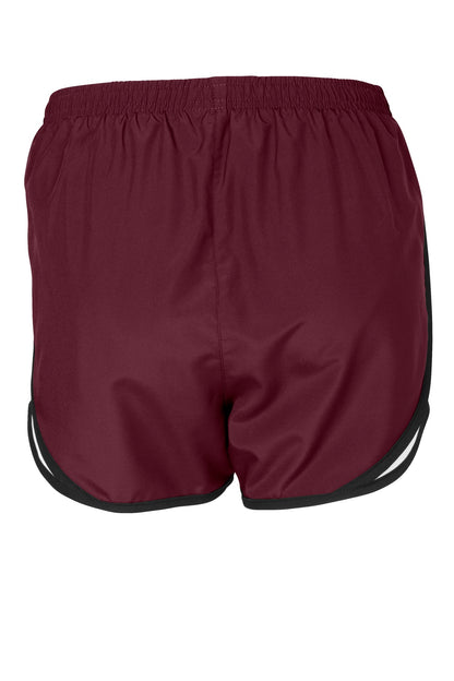 Rear View of Maroon/Wht/Blk Sport-Tek Women's Cadence Short. LST304