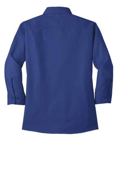 Rear View of Med. Blue Port Authority Women's 3/4-Sleeve Easy Care Shirt. L612