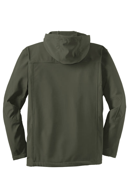 Rear View of Mineral Green Port Authority Textured Hooded Soft Shell Jacket. J706
