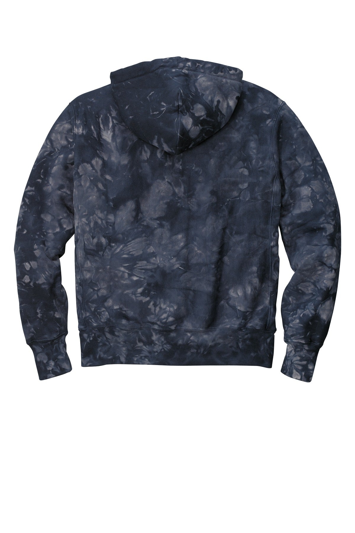 Rear View of Navy Champion Reverse Weave Scrunch-Dye Tie-Dye Hooded Sweatshirt. TDS101