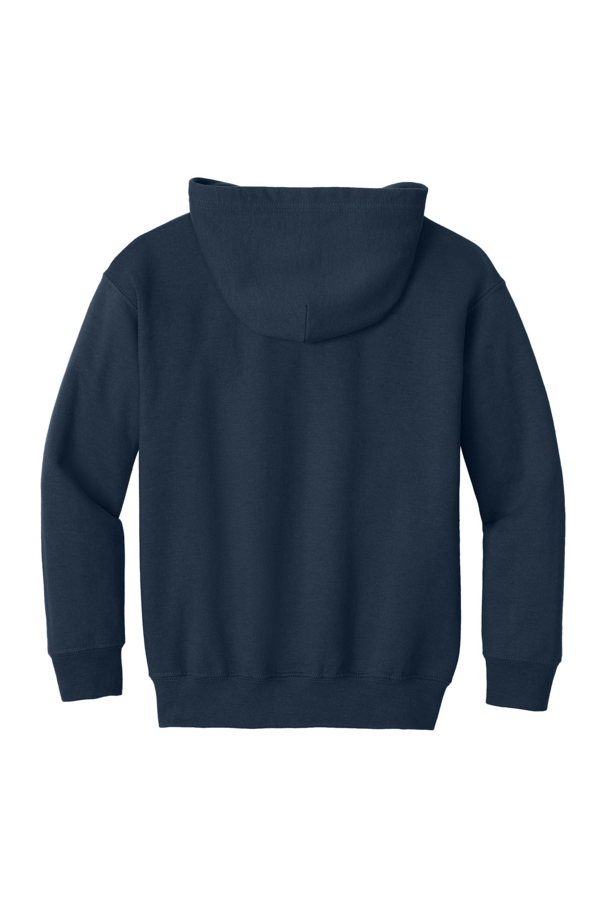 Rear View of Navy Gildan Youth Heavy Blend Full-Zip Hooded Sweatshirt. 18600B