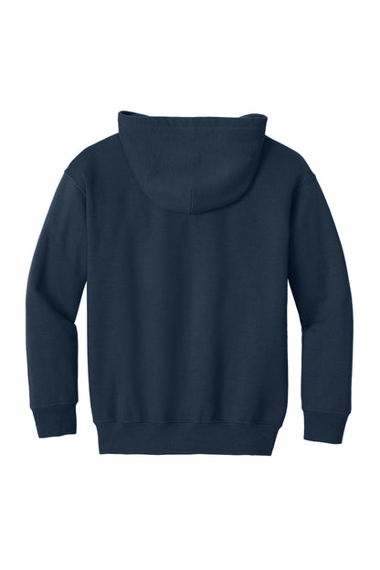 Rear View of Navy Gildan Youth Heavy Blend Full-Zip Hooded Sweatshirt. 18600B