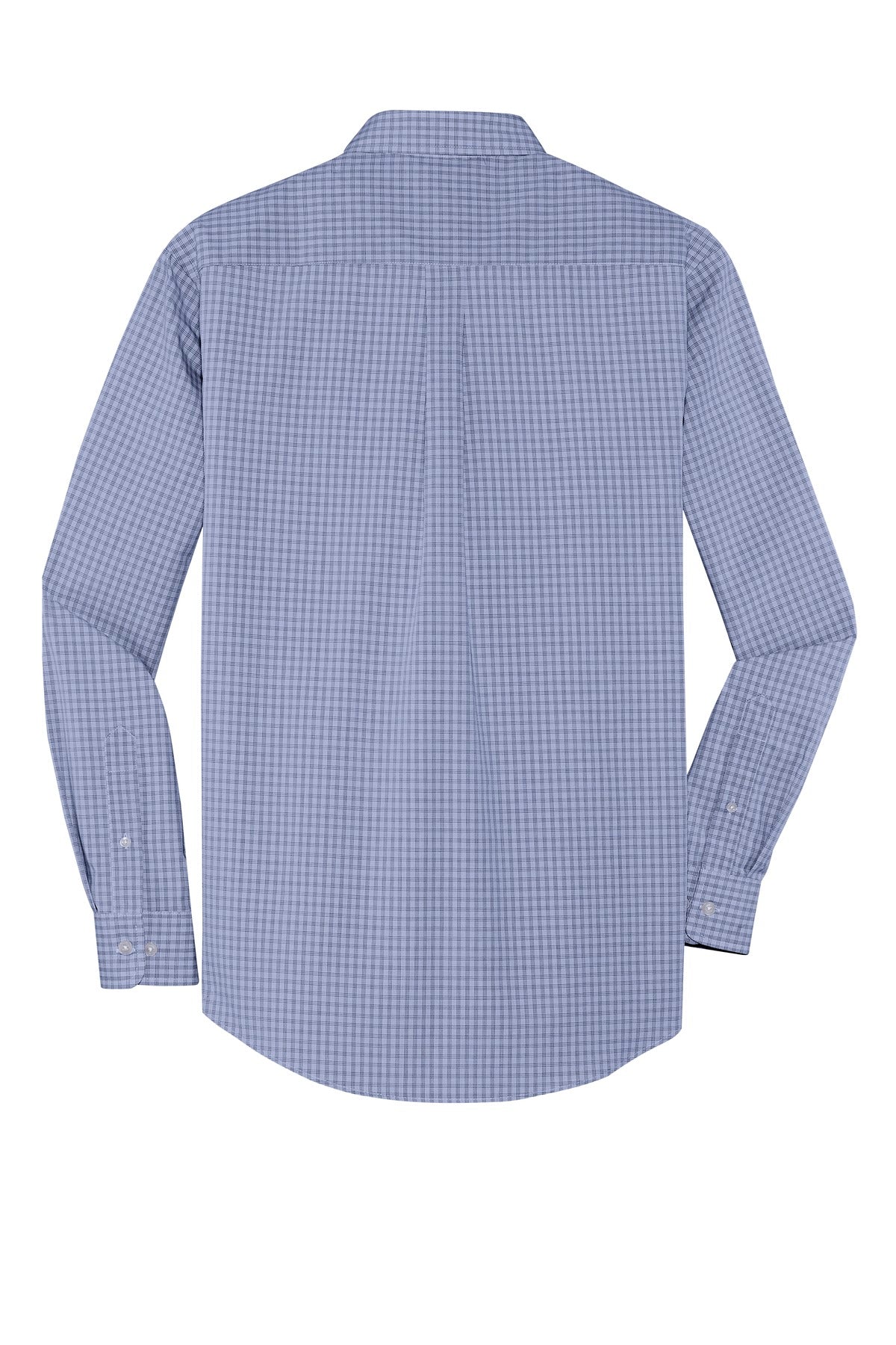 Rear View of Navy Port Authority Plaid Pattern Easy Care Shirt. S639