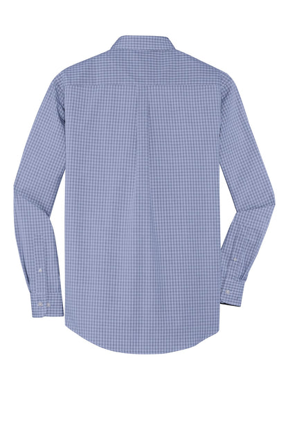 Rear View of Navy Port Authority Plaid Pattern Easy Care Shirt. S639