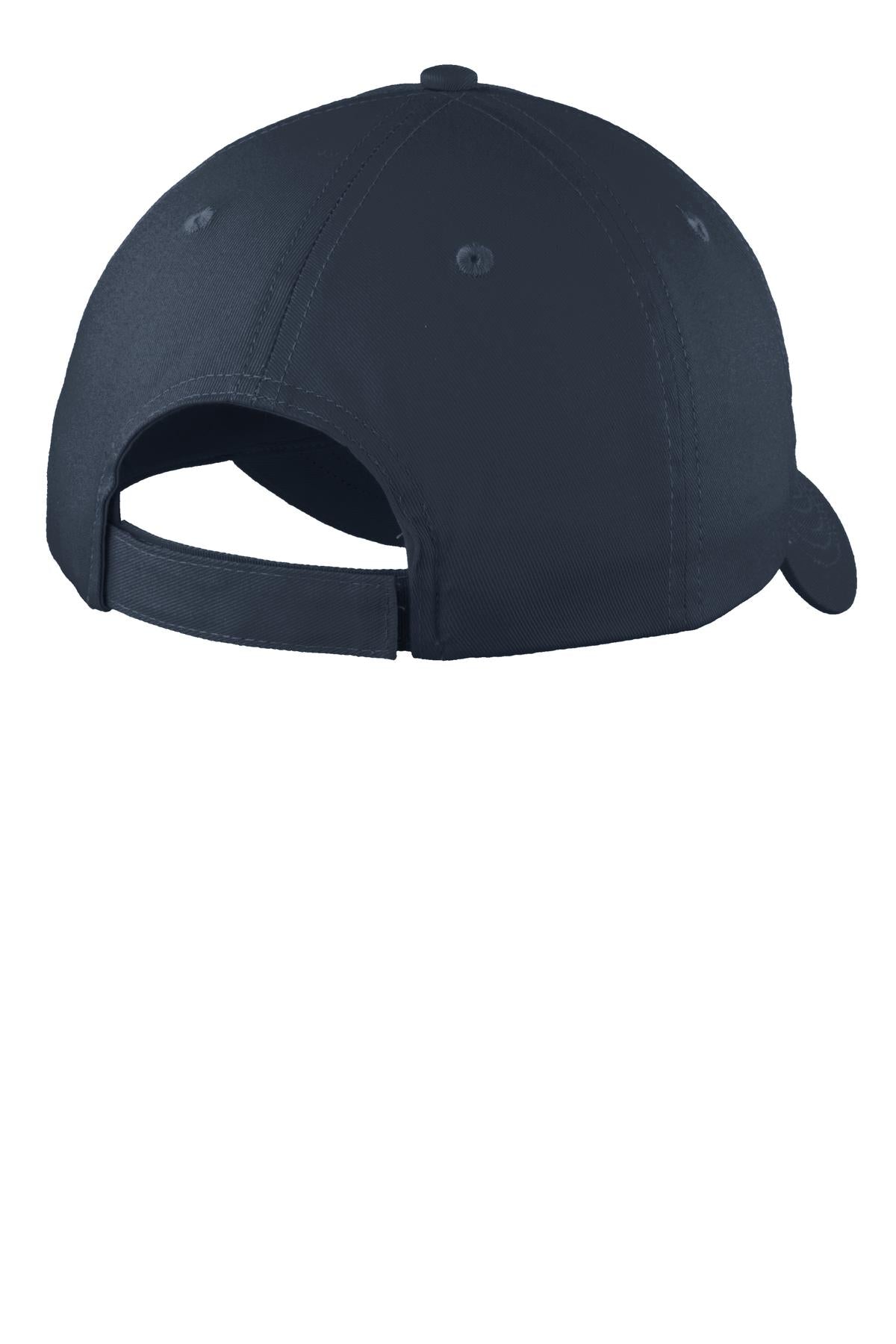 Rear View of Navy Port & Company Youth Six-Panel Unstructured Twill Cap. YC914