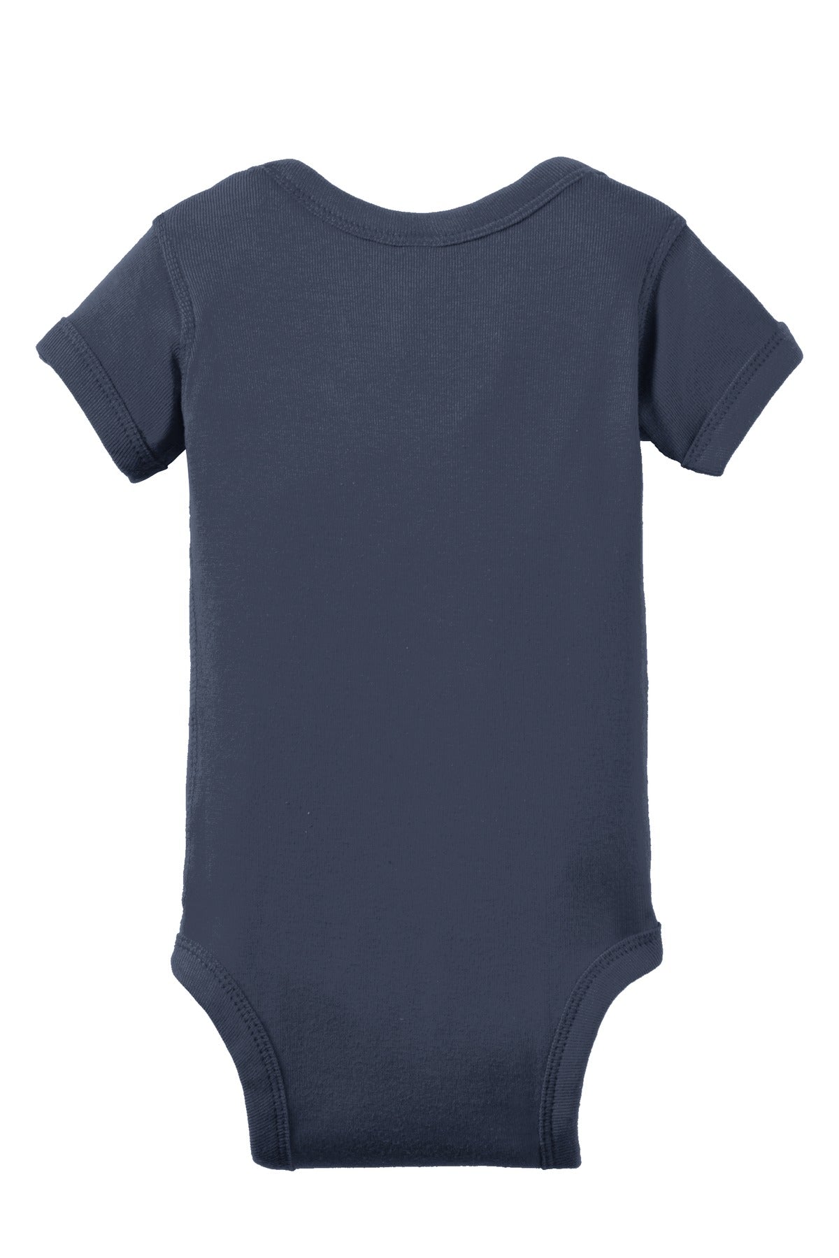 Rear View of Navy Rabbit Skins Infant Short Sleeve Baby Rib Bodysuit. RS4400