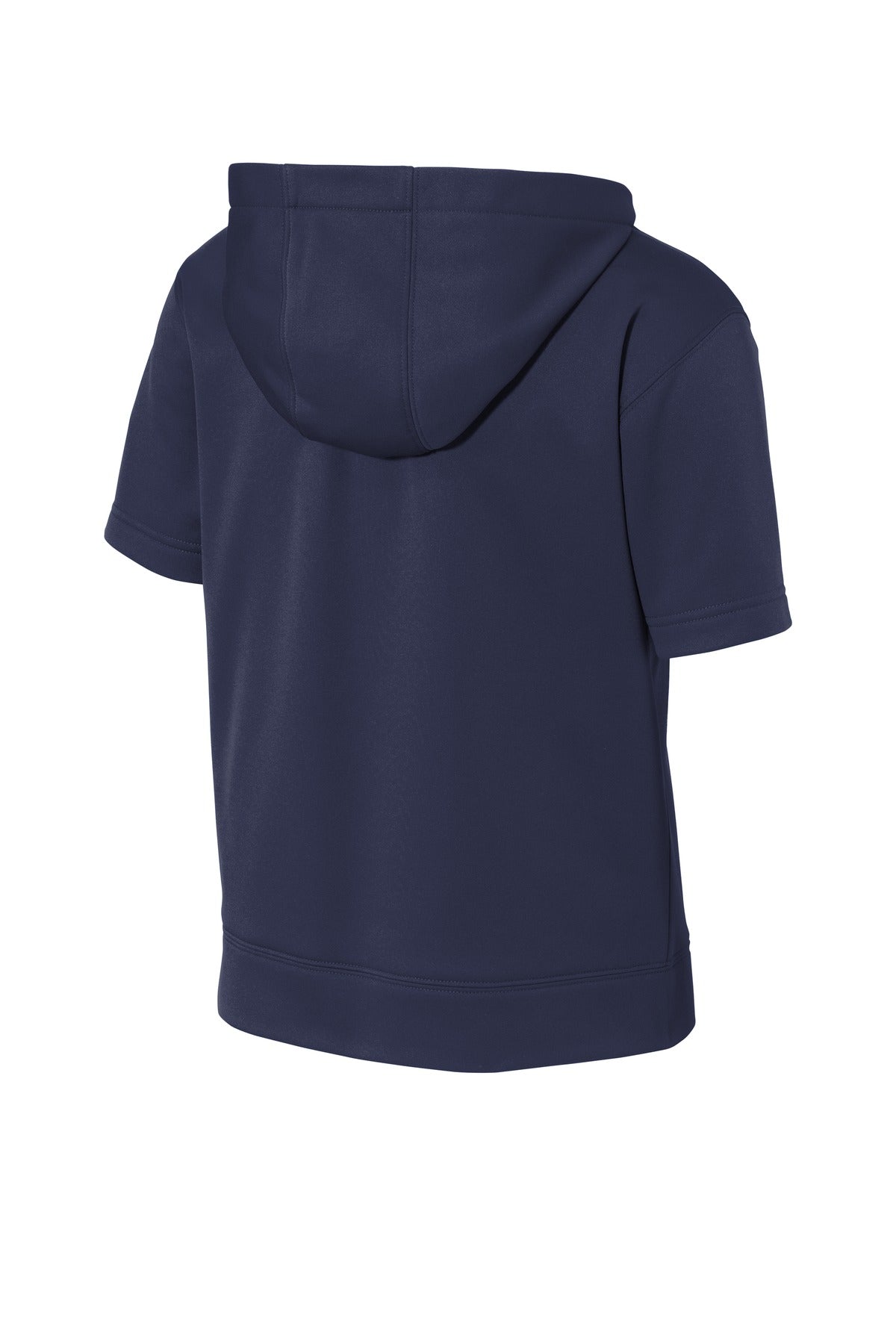 Rear View of Navy Sport-Tek Youth Sport-Wick Fleece Short Sleeve Hooded Pullover. YST251