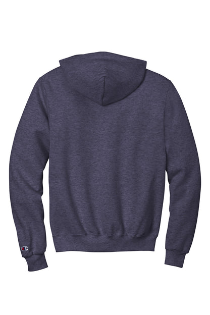 Rear View of NavyHthr Champion Powerblend Pullover Hoodie. S700