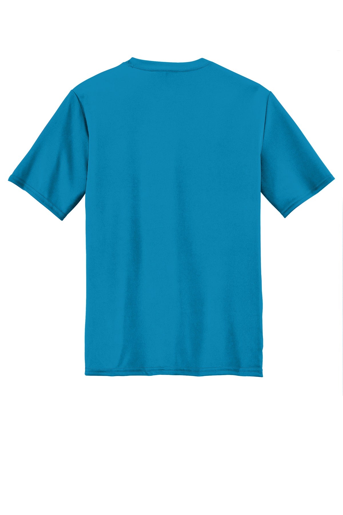 Rear View of Neon Blue Port & Company Youth Performance Tee. PC380Y
