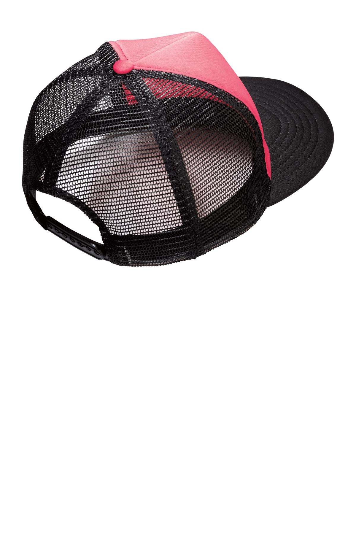 Rear View of Neon Pink District Flat Bill Snapback Trucker Cap. DT624