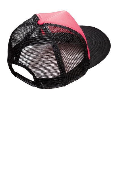 Rear View of Neon Pink District Flat Bill Snapback Trucker Cap. DT624