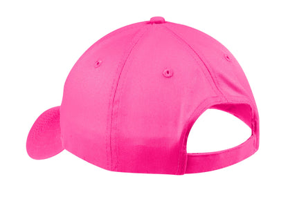 Rear View of Neon Pink Port & Company Six-Panel Twill Cap. CP80