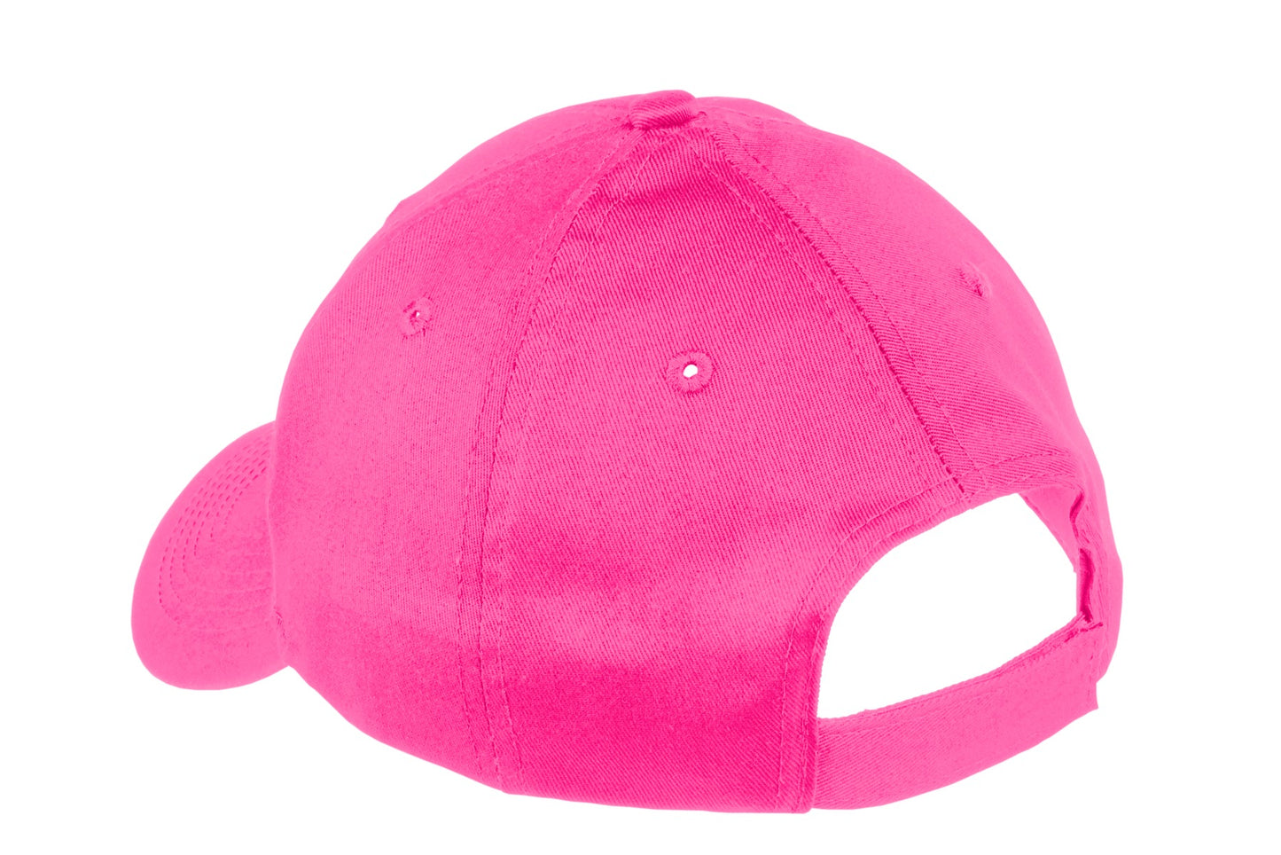 Rear View of Neon Pink Port & Company Youth Six-Panel Twill Cap. YCP80