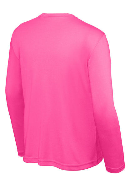 Rear View of Neon Pink Sport-Tek Youth Long Sleeve PosiCharge Competitor Tee. YST350LS